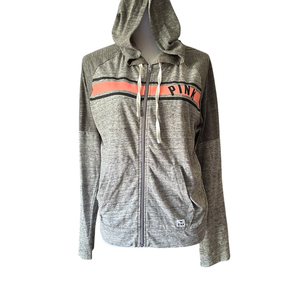 Victoria's Secret Heather Gray Hoodie with Coral Stripe